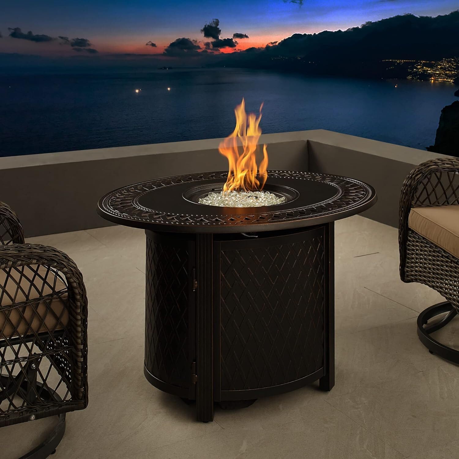 Fire Sense 63698 James Woven Aluminum Convertible Gas Fire Pit Table 37,000 BTU Outdoor Multi-Functional with Fire Bowl Lid, Nylon Weather Cover & Clear Fire Glass - Bronze Finish - Oval - 40"