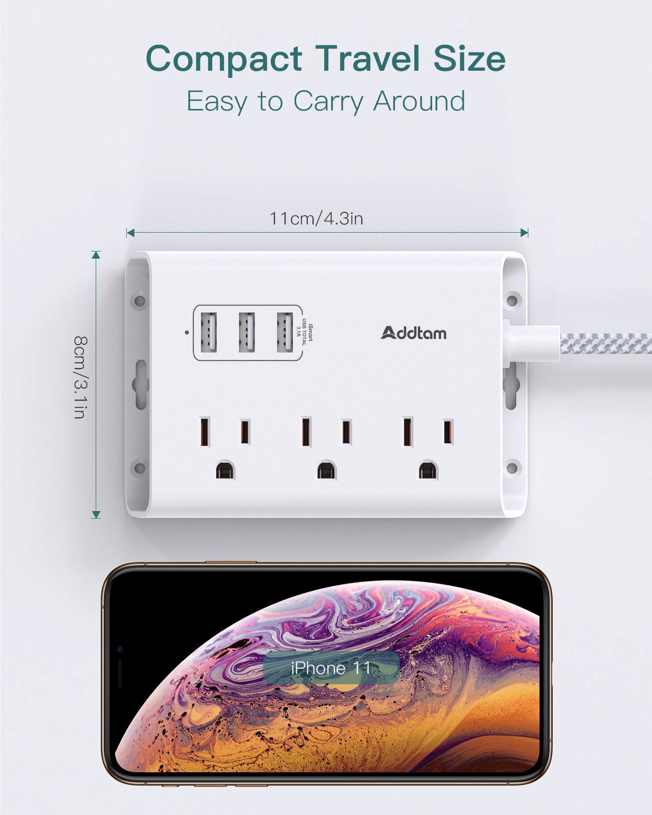 Power Strip Surge Protector, Addtam 6 Outlets and 3 USB Ports 5Ft Long Extension Cord and Power Strip with USB, Addtam ETL Certificate Flat Plug Extension Cord with 3 USB Ports, 3 Outlets