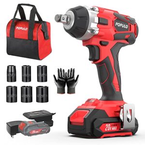 populo 20v cordless electric impact wrench with ½ inch chuck, compact design,3098 in-lbs max torque,0-3000 rpm/ipm, includes 6 drive impact sockets,2.0ah li-ion battery,gloves,and tool bag