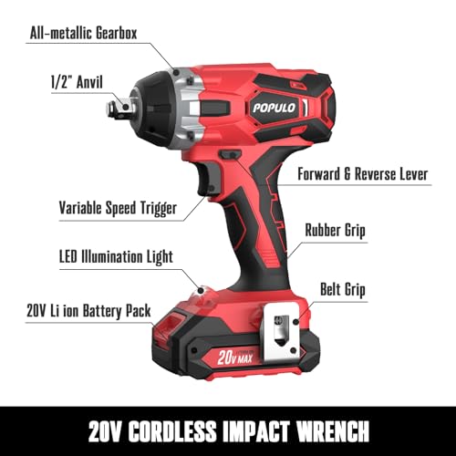 populo 20V Cordless Electric Impact Wrench with ½ inch Chuck, Compact Design,3098 in-lbs Max Torque,0-3000 RPM/IPM, Includes 6 Drive Impact Sockets,2.0Ah Li-ion Battery,Gloves,and Tool Bag