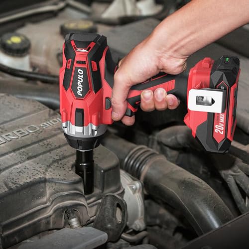 populo 20V Cordless Electric Impact Wrench with ½ inch Chuck, Compact Design,3098 in-lbs Max Torque,0-3000 RPM/IPM, Includes 6 Drive Impact Sockets,2.0Ah Li-ion Battery,Gloves,and Tool Bag