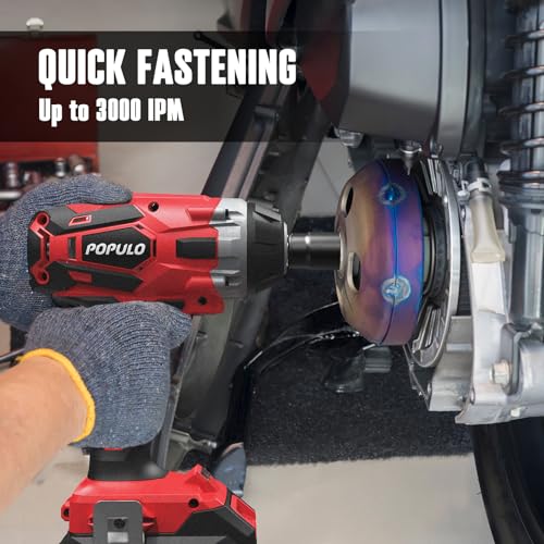 populo 20V Cordless Electric Impact Wrench with ½ inch Chuck, Compact Design,3098 in-lbs Max Torque,0-3000 RPM/IPM, Includes 6 Drive Impact Sockets,2.0Ah Li-ion Battery,Gloves,and Tool Bag