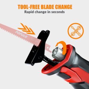 POPULO Cordless Reciprocating Saw, 20V MAX 2.0Ah Battery Power Saw, Electric Saws All Saw for Wood, Trees, or Metal Cutting, Cordless Saw with Battery and Charger
