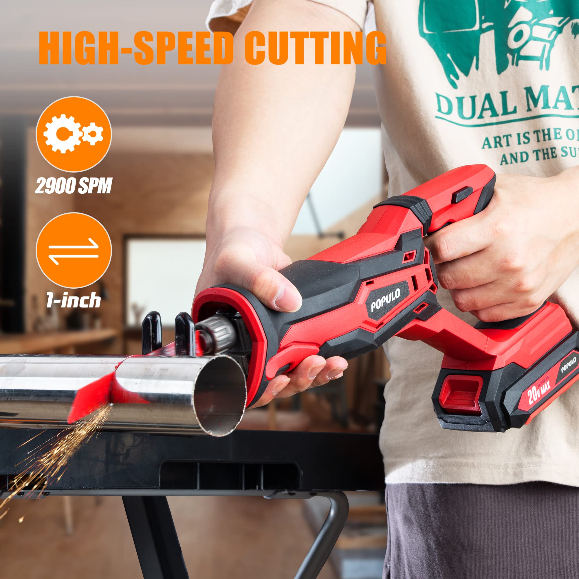 POPULO Cordless Reciprocating Saw, 20V MAX 2.0Ah Battery Power Saw, Electric Saws All Saw for Wood, Trees, or Metal Cutting, Cordless Saw with Battery and Charger