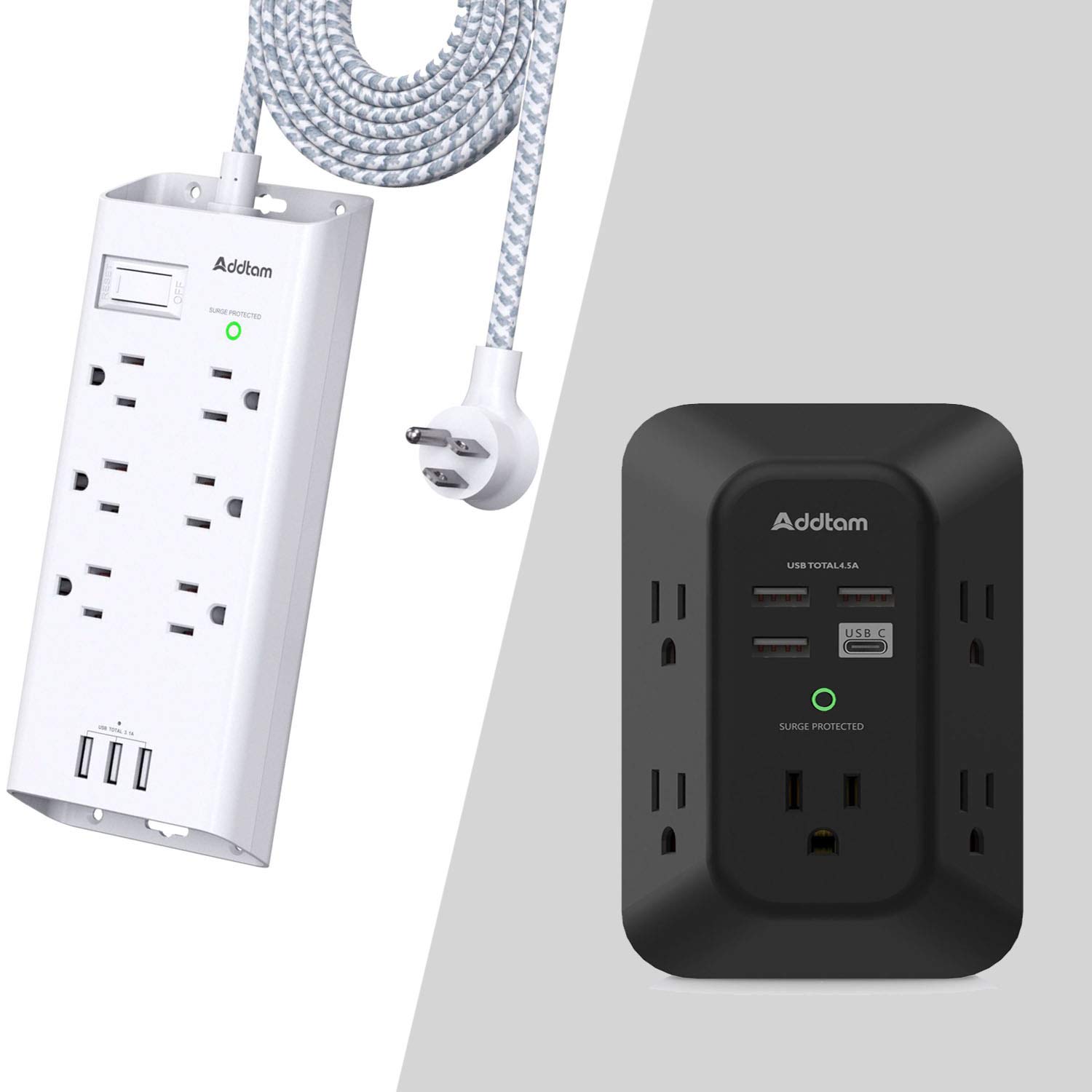 Power Strip Surge Protector, Addtam 6 Outlets and 3 USB Ports 5Ft Long Extension Cord and USB Wall Charger Surge Protector - Addtam 5 Outlet Extender with 4 USB Charging Ports (1 USB C, 4.5A Total)