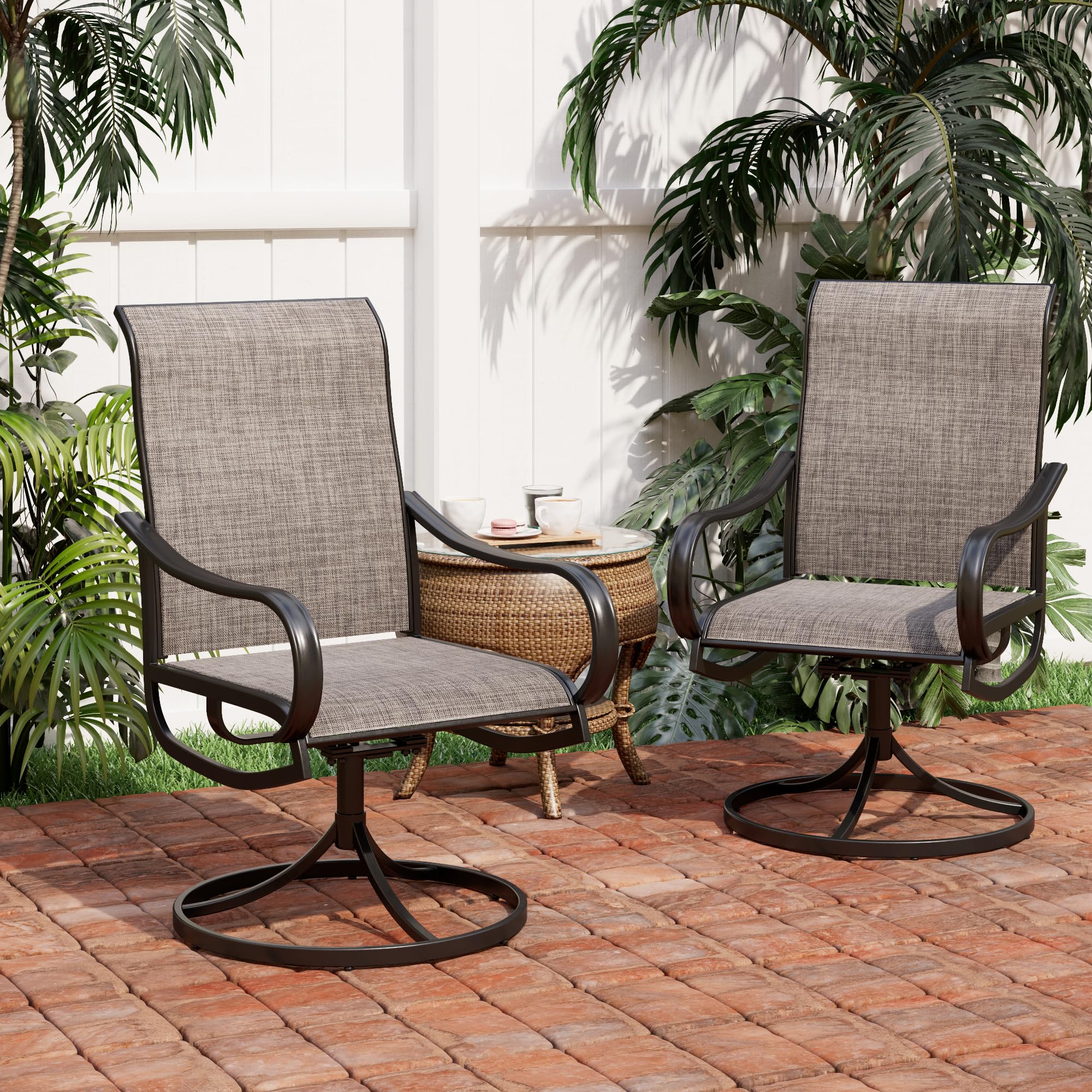 PHI VILLA Set of 2 Patio Swivel Dining Chairs, Outdoor, Metal with Textilene Mesh Fabric, Furniture with Armrest, Black Frame.