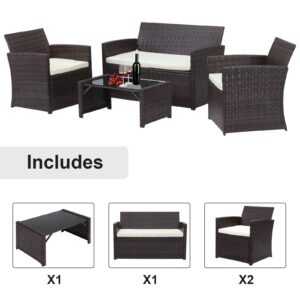 Saemoza 4 Pieces Outdoor Patio Furniture Set, Outdoor Wicker Rattan Patio Furniture with Tempered Glass Tabletop Clearance