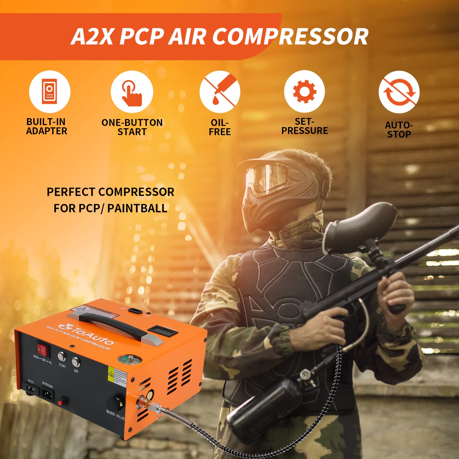 TOAUTO A2X Upgraded PCP Air Compressor, One Button Start, Auto-Stop, Portable 4500Psi/30Mpa, Oil/Water-Free, HPA Compressor for Paintball/PCP Air Rifle/Scuba Tank,Powered by Home 110VAC or Car 12VDC