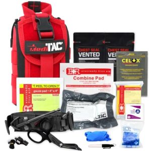 MediTac IFAK Molle - Eagle Type Tactical Trauma Kit Feat. Rip-Away Velcro Fastener, SOF Tourniquet, Celox Hemostatic Granules and Pressure Bandage, Bleeding Control Kit - Red