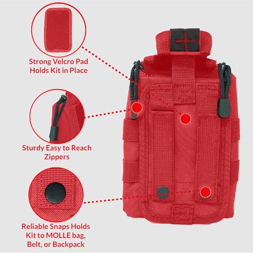 MediTac IFAK Molle - Eagle Type Tactical Trauma Kit Feat. Rip-Away Velcro Fastener, SOF Tourniquet, Celox Hemostatic Granules and Pressure Bandage, Bleeding Control Kit - Red