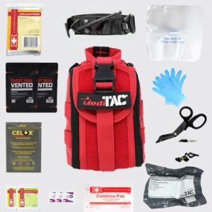 MediTac IFAK Molle - Eagle Type Tactical Trauma Kit Feat. Rip-Away Velcro Fastener, SOF Tourniquet, Celox Hemostatic Granules and Pressure Bandage, Bleeding Control Kit - Red