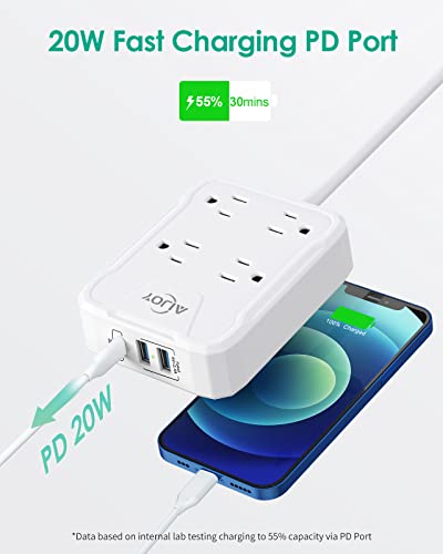 Power Strip with 4 Wide Outlets 3 USB Ports (1 USB C-PD) 5ft Flat Plug Extension Cords Compact for Travel, Cruise Must Haves, Dorm Room Essentials
