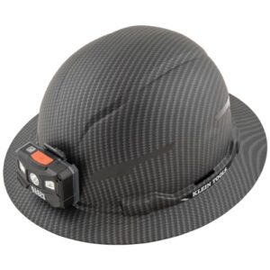 klein tools 60346 hard hat, non-vented full brim, class e, premium karbn pattern, rechargeable lamp, padded sweat-wicking sweatband, top pad large