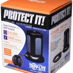 Tripp Lite Surge Protector Tower 6-Outlet 3X USB-A 1x USB C 8ft Cord Black (TLP606UCTOWER)