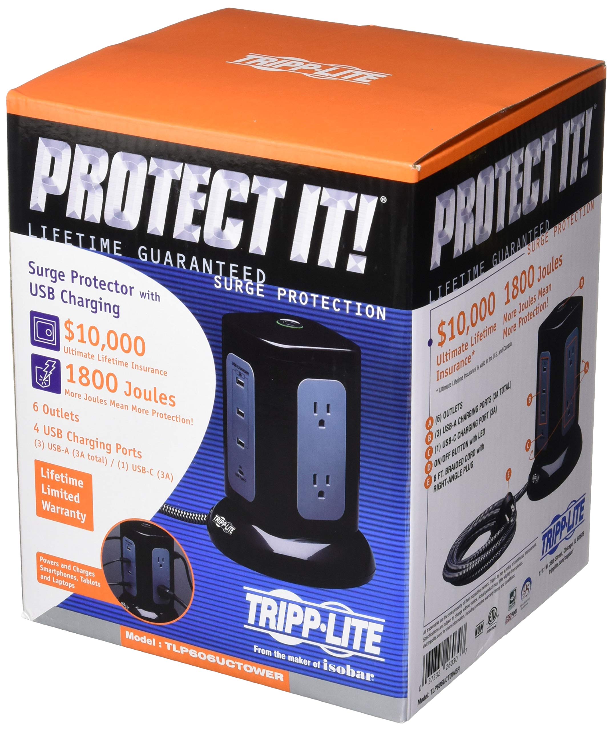 Tripp Lite Surge Protector Tower 6-Outlet 3X USB-A 1x USB C 8ft Cord Black (TLP606UCTOWER)