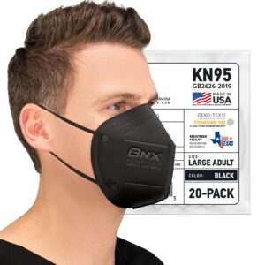 bnx kn95 face mask made in usa (20-pack), fda registered kn95 mask disposable particulate protective mask, gb2626-2019, protection against dust, pollen and haze (earloop) (model: e95) black