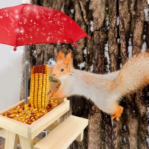 MIXXIDEA Squirrel Feeder Table with Umbrella, Wooden Squirrel Picnic Table Feeder, Durable Squirrel Feeder Corn Cob Holder, with Solid Structure and 2 x Thick Benches(Squirrel Feeder table-1pk)