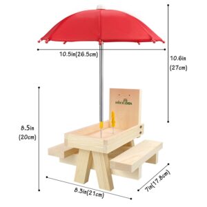 MIXXIDEA Squirrel Feeder Table with Umbrella, Wooden Squirrel Picnic Table Feeder, Durable Squirrel Feeder Corn Cob Holder, with Solid Structure and 2 x Thick Benches(Squirrel Feeder table-1pk)