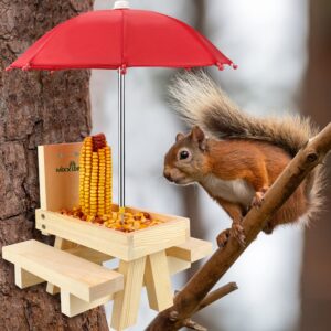MIXXIDEA Squirrel Feeder Table with Umbrella, Wooden Squirrel Picnic Table Feeder, Durable Squirrel Feeder Corn Cob Holder, with Solid Structure and 2 x Thick Benches(Squirrel Feeder table-1pk)