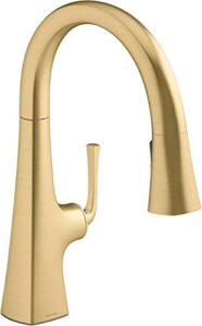 kohler graze® pull-down kitchen sink faucet with three-function sprayhead, vibrant brushed moderne brass