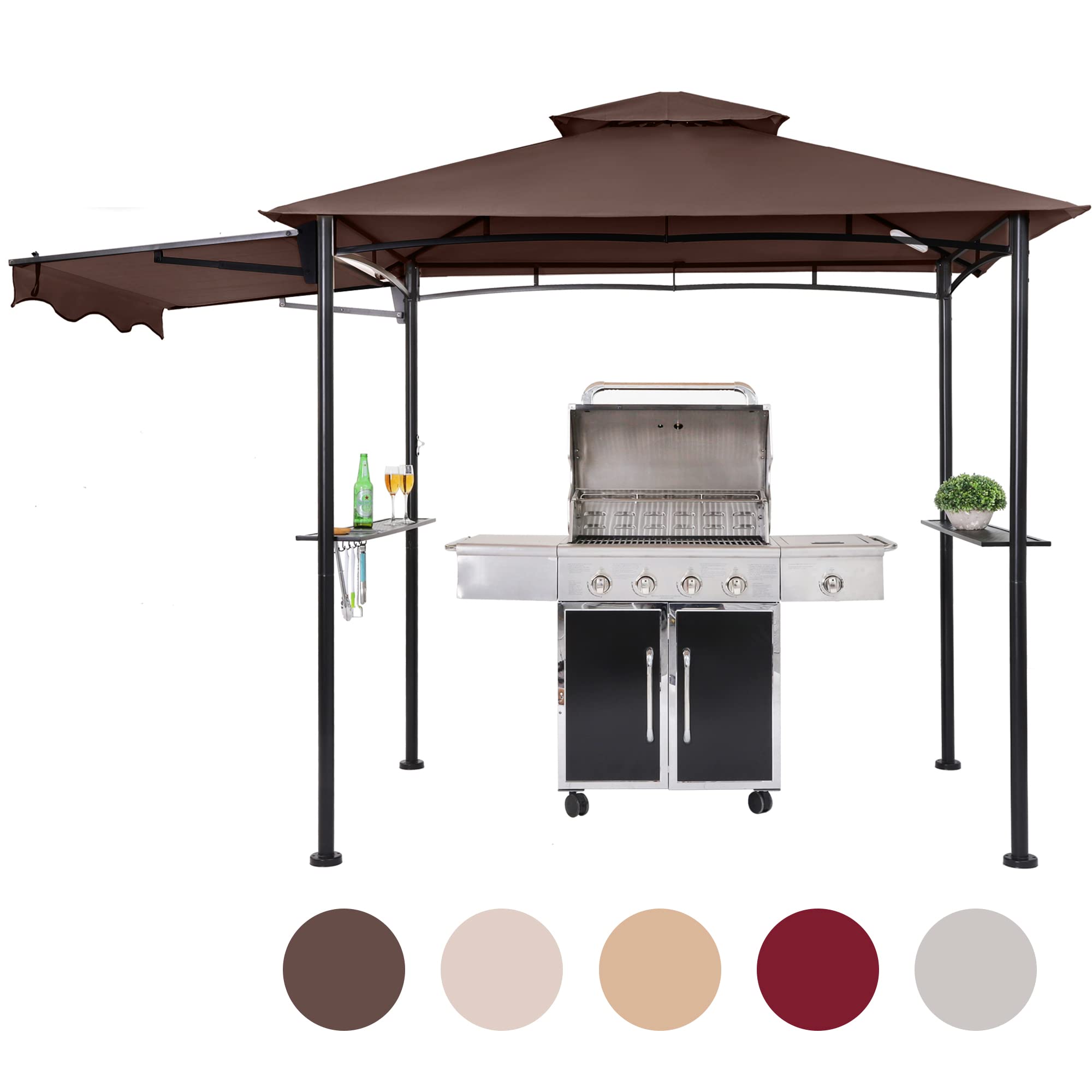 FAB BASED 5x11 Grill Gazebo, Outdoor BBQ Grill Patio Canopy with Extra Shadow & LED Lights, Barbeque Gazebo Canopy (Brown)