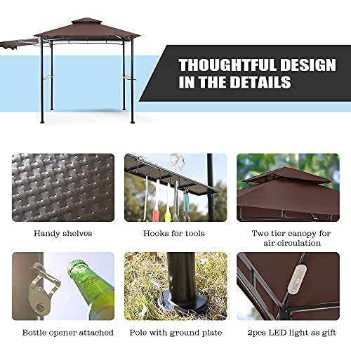 FAB BASED 5x11 Grill Gazebo, Outdoor BBQ Grill Patio Canopy with Extra Shadow & LED Lights, Barbeque Gazebo Canopy (Brown)