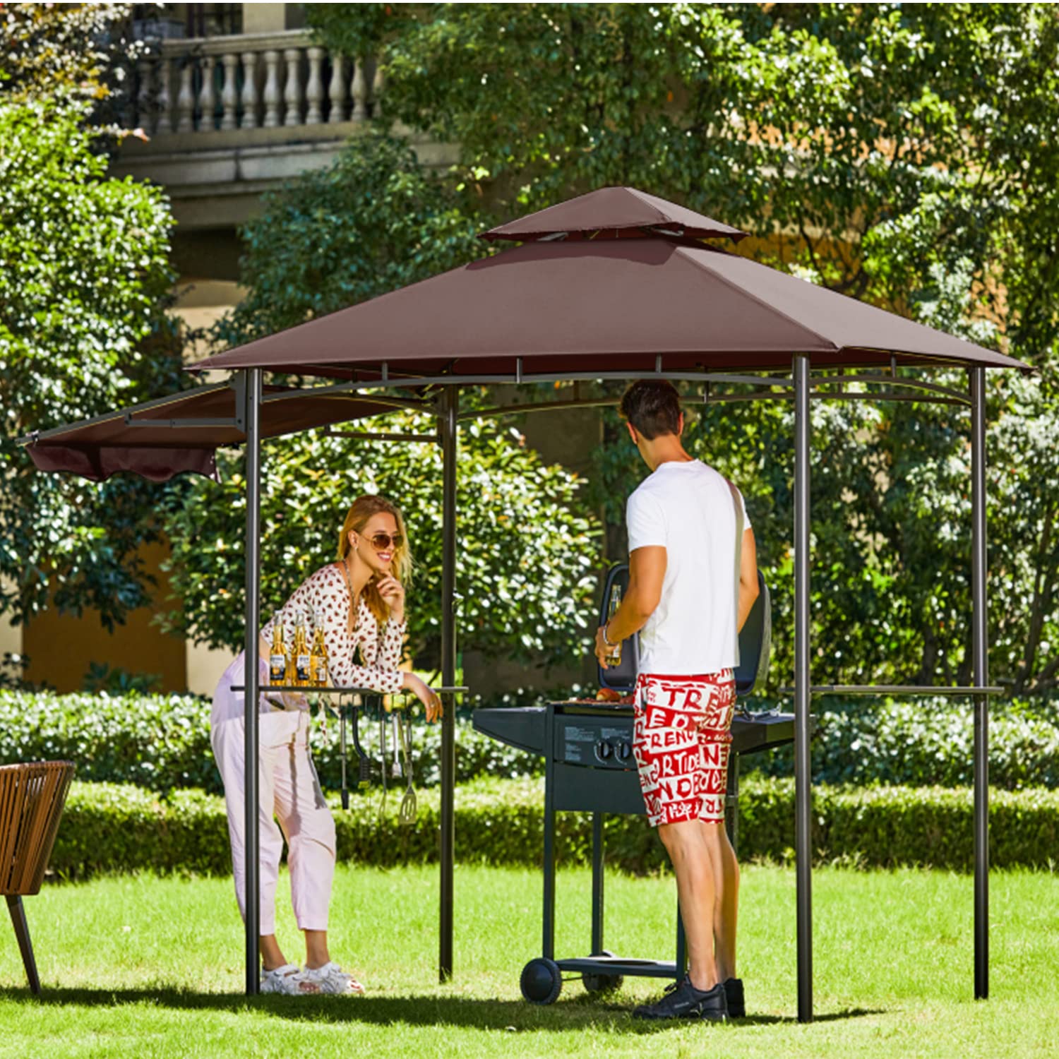 FAB BASED 5x11 Grill Gazebo, Outdoor BBQ Grill Patio Canopy with Extra Shadow & LED Lights, Barbeque Gazebo Canopy (Brown)