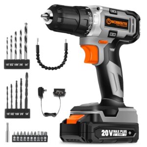 worksite cordless drill/driver kit, 20v max 3/8" compact drill set with 2.0a battery, charger, 309 in-lbs max torque, 24pcs accessories for drilling wood metal