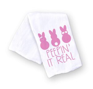 handmade happy easter kitchen towels - 100% cotton pink peepin it real cute easter dish towel for kitchen or bathroom - 28x28 inch cute housewarming spring cooking party (peepin it real)