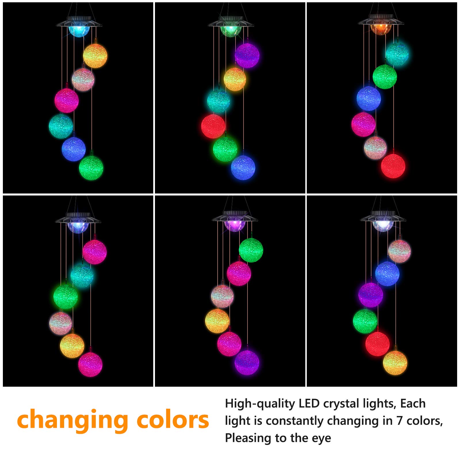 iShabao Solar Wind Chimes, LED Ball Color Changing Outdoor Indoor Waterproof Mobile Decorative Outdoor Hanging Solar Lights for Home Patio Yard Garden Decor Birthday Great Gifts