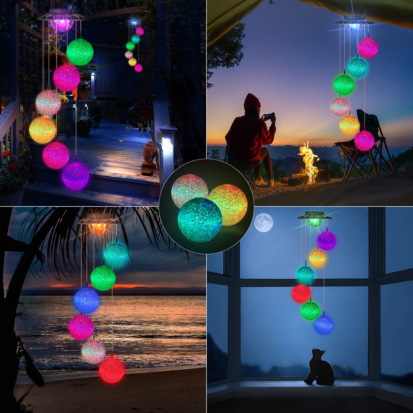 iShabao Solar Wind Chimes, LED Ball Color Changing Outdoor Indoor Waterproof Mobile Decorative Outdoor Hanging Solar Lights for Home Patio Yard Garden Decor Birthday Great Gifts