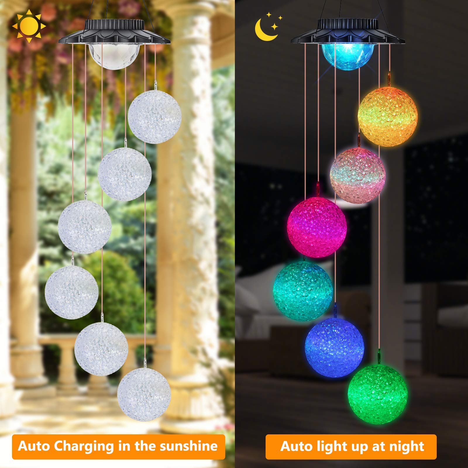 iShabao Solar Wind Chimes, LED Ball Color Changing Outdoor Indoor Waterproof Mobile Decorative Outdoor Hanging Solar Lights for Home Patio Yard Garden Decor Birthday Great Gifts