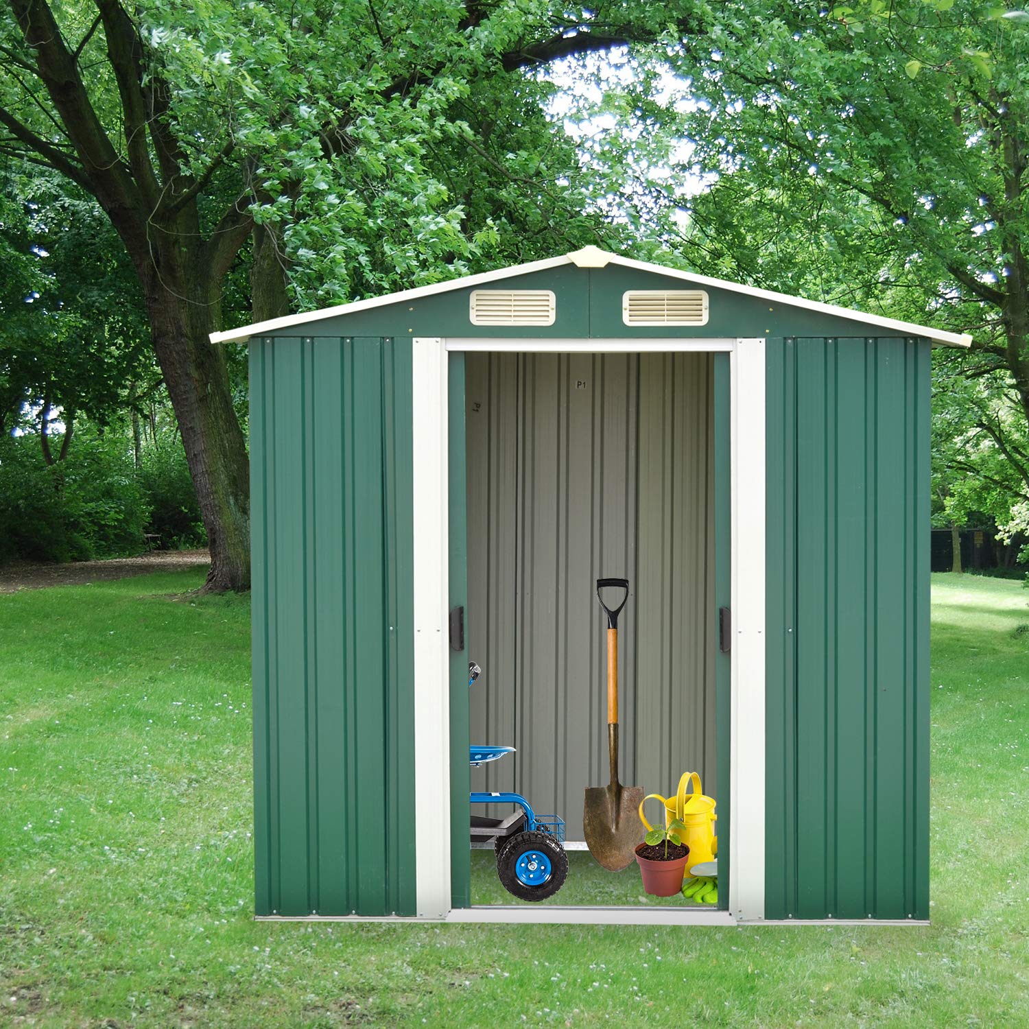 Kinsuite 6' x 4' Outdoor Storage Shed Slide Door, Galvanized Steel Tool Shed House for Patio Garden Backyard Lawn, Utility Tool House, Green