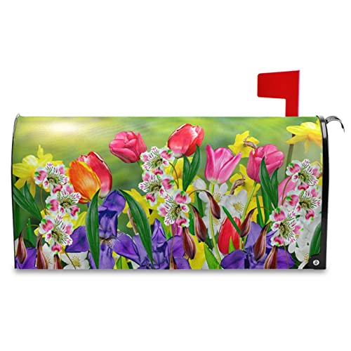 Spring Summer Flowers Mailbox Covers Magnetic Tulips Daffodils Daisy Florals Mailbox Cover Standard Size 18" X 21" Mailbox Wraps Post Letter Box Cover Garden Decorations