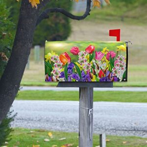 Spring Summer Flowers Mailbox Covers Magnetic Tulips Daffodils Daisy Florals Mailbox Cover Standard Size 18" X 21" Mailbox Wraps Post Letter Box Cover Garden Decorations