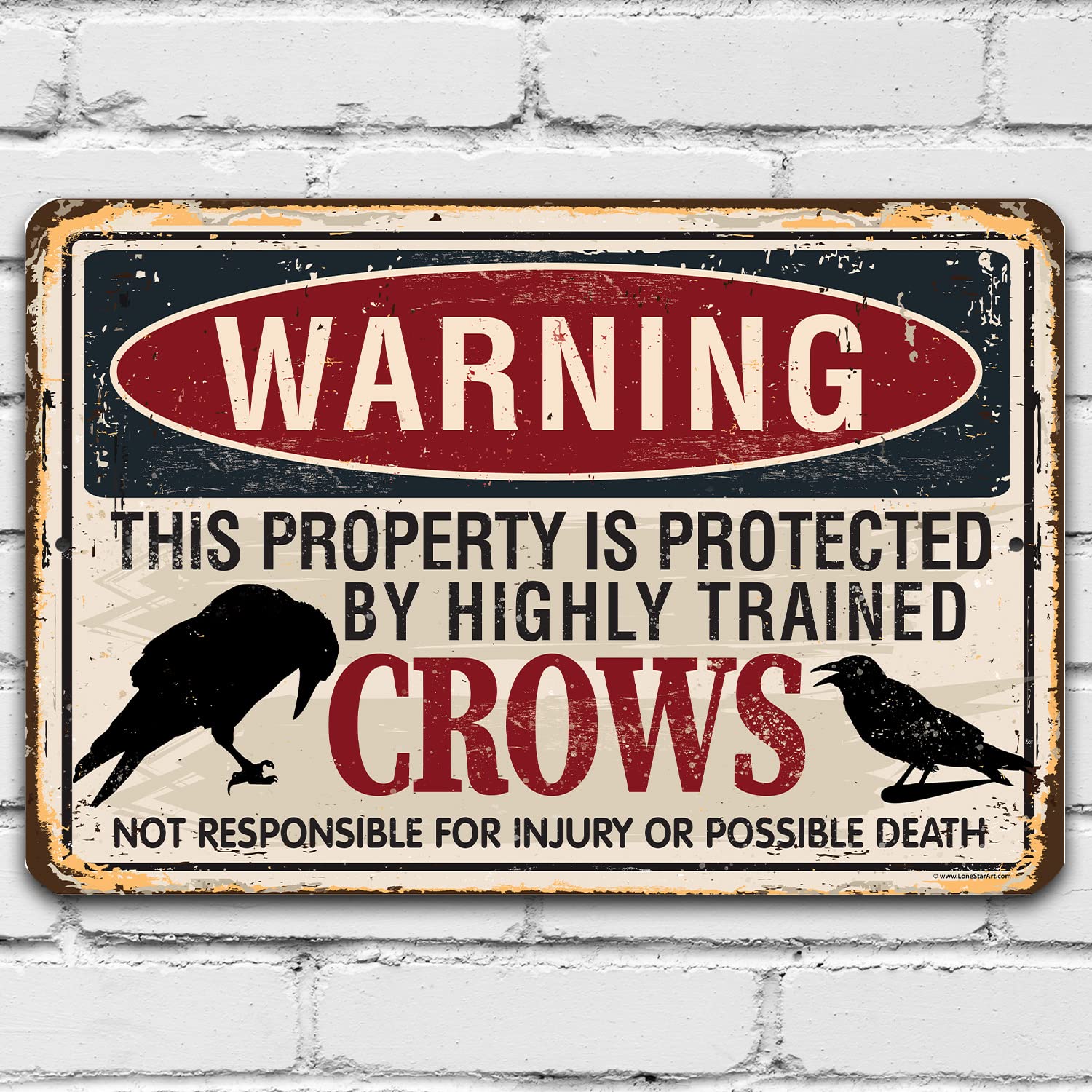 Metal Sign - Warning Property Crows - Durable Metal Sign - Use Indoor/Outdoor - Funny Field, Open Land with Crops or Pasture Sign and Decor Under $20 (8" x 12")