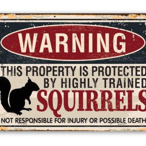 Metal Sign - Warning Property Squirrels - Durable Metal Sign - Use Indoor/Outdoor - Cute and Funny Garden Decor and Gift Under $20 (8" x 12")