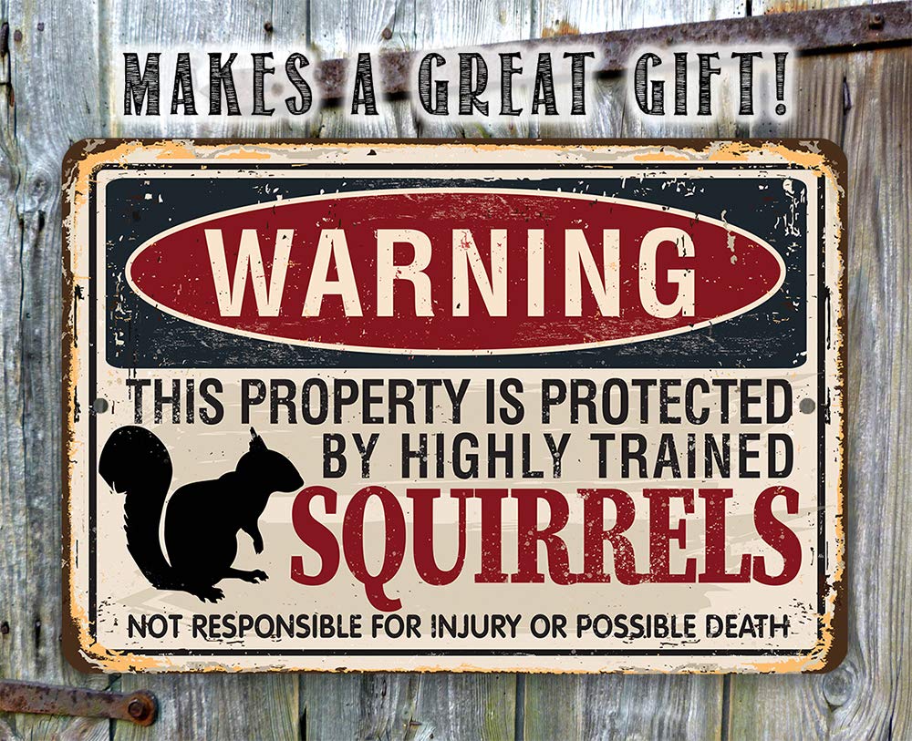 Metal Sign - Warning Property Squirrels - Durable Metal Sign - Use Indoor/Outdoor - Cute and Funny Garden Decor and Gift Under $20 (8" x 12")