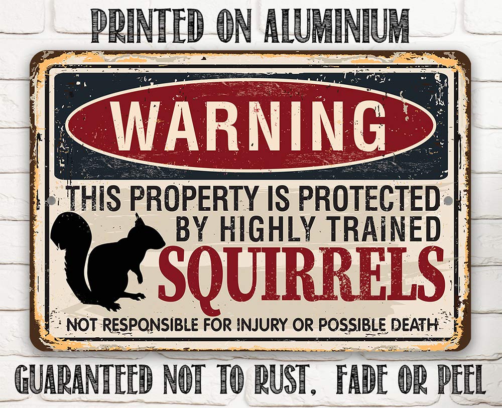 Metal Sign - Warning Property Squirrels - Durable Metal Sign - Use Indoor/Outdoor - Cute and Funny Garden Decor and Gift Under $20 (8" x 12")