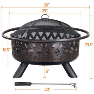 Yaheetech Fire Pit 36in Outdoor Wood Burning Fire Pits Wood Large Fire Bowl for Outside BBQ Bonfire Patio with Mesh Spark Screen, Poker and Rain Cover