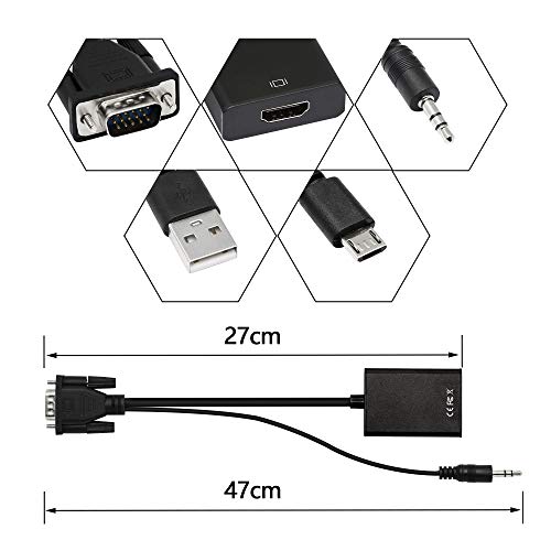 YACSEJAO VGA to HDMI Adapter 1080P VGA Male to HDMI Female Converter for Computer, Desktop, Laptop, PC, Monitor, Projector, HDTV with Audio Cable and USB Cable