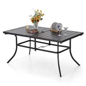 phi villa 6-person outdoor metal steel slat dining rectangle table with adjustable umbrella hole, weather-resistant for patio outdoor use, black
