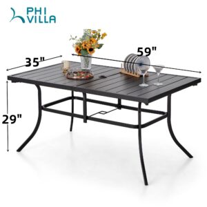 PHI VILLA 6-Person Outdoor Metal Steel Slat Dining Rectangle Table with Adjustable Umbrella Hole, Weather-Resistant for Patio Outdoor Use, Black