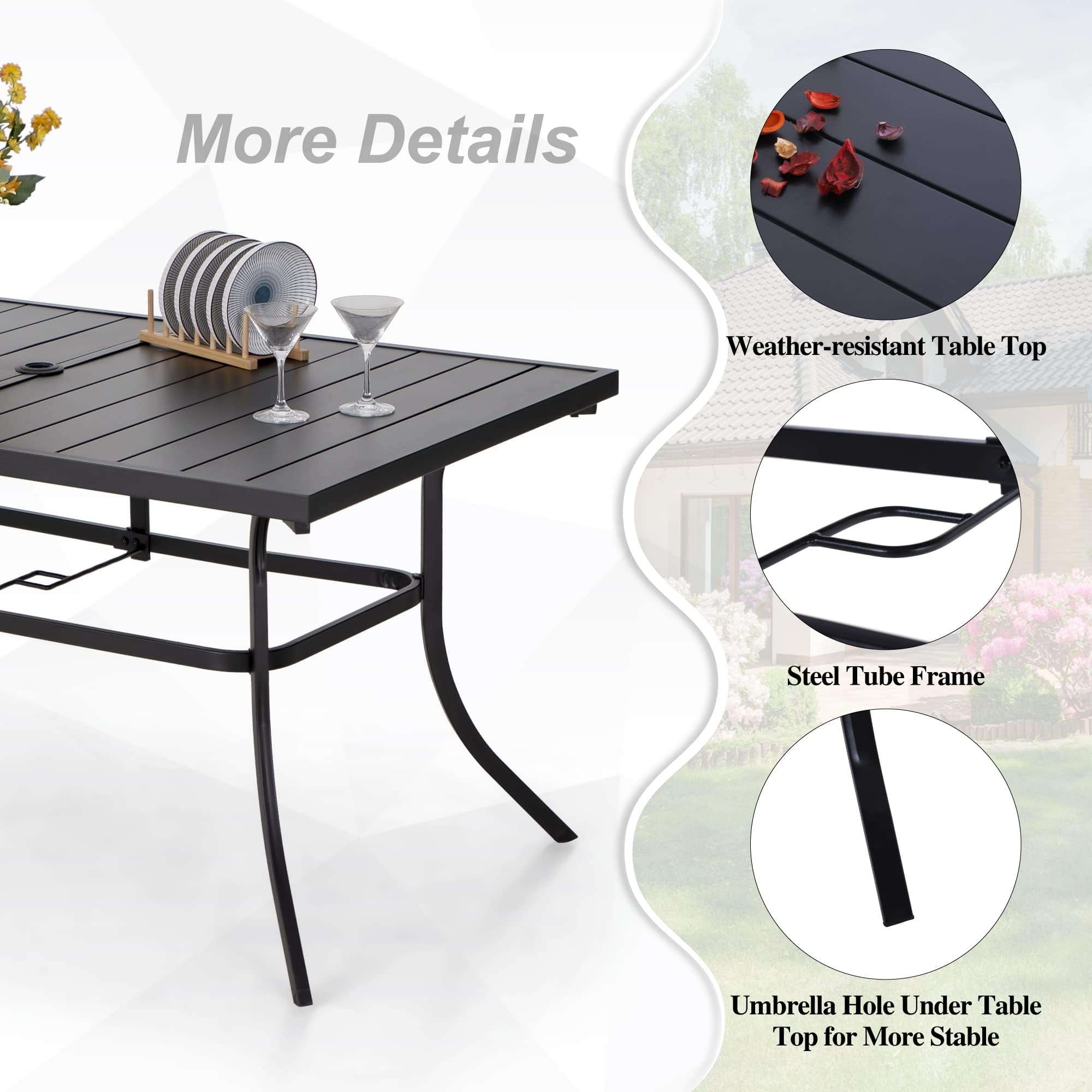 PHI VILLA 6-Person Outdoor Metal Steel Slat Dining Rectangle Table with Adjustable Umbrella Hole, Weather-Resistant for Patio Outdoor Use, Black