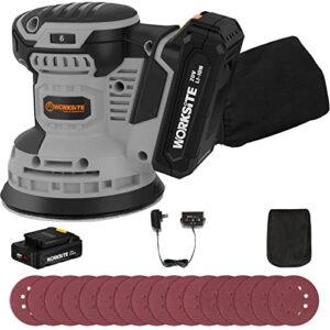 worksite 20v max cordless random orbital sander, 5-inch variable speed orbital hand sander w/2.0a battery, charger,dust collector and 30pcs sanding discs, gray