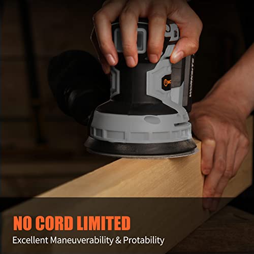 WORKSITE 20V MAX Cordless Random Orbital Sander, 5-Inch Variable Speed Orbital Hand Sander w/2.0A Battery, Charger,Dust Collector and 30pcs Sanding Discs, Gray