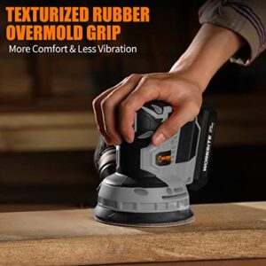 WORKSITE 20V MAX Cordless Random Orbital Sander, 5-Inch Variable Speed Orbital Hand Sander w/2.0A Battery, Charger,Dust Collector and 30pcs Sanding Discs, Gray