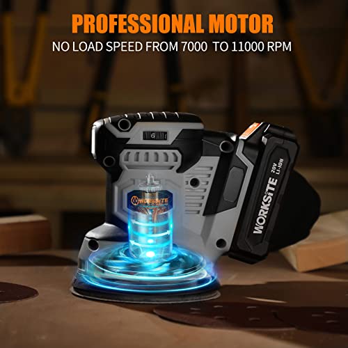 WORKSITE 20V MAX Cordless Random Orbital Sander, 5-Inch Variable Speed Orbital Hand Sander w/2.0A Battery, Charger,Dust Collector and 30pcs Sanding Discs, Gray