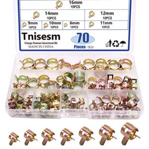 tnisesm 70 pcs spring band type action pipe clamp, air hose tube water pipe fuel pipe silicone vacuum hose clamp fasteners assortment kit(6mm, 9mm, 10mm, 11mm, 12mm, 14mm, 16mm) tn-23