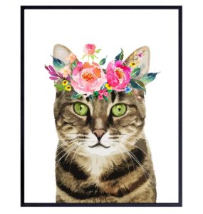 tabby cat wall art decor - kitten, kitty, cat lover gifts for women - cute floral wall art poster - adorable room decoration for girls bedroom, kids room, living room, baby nursery